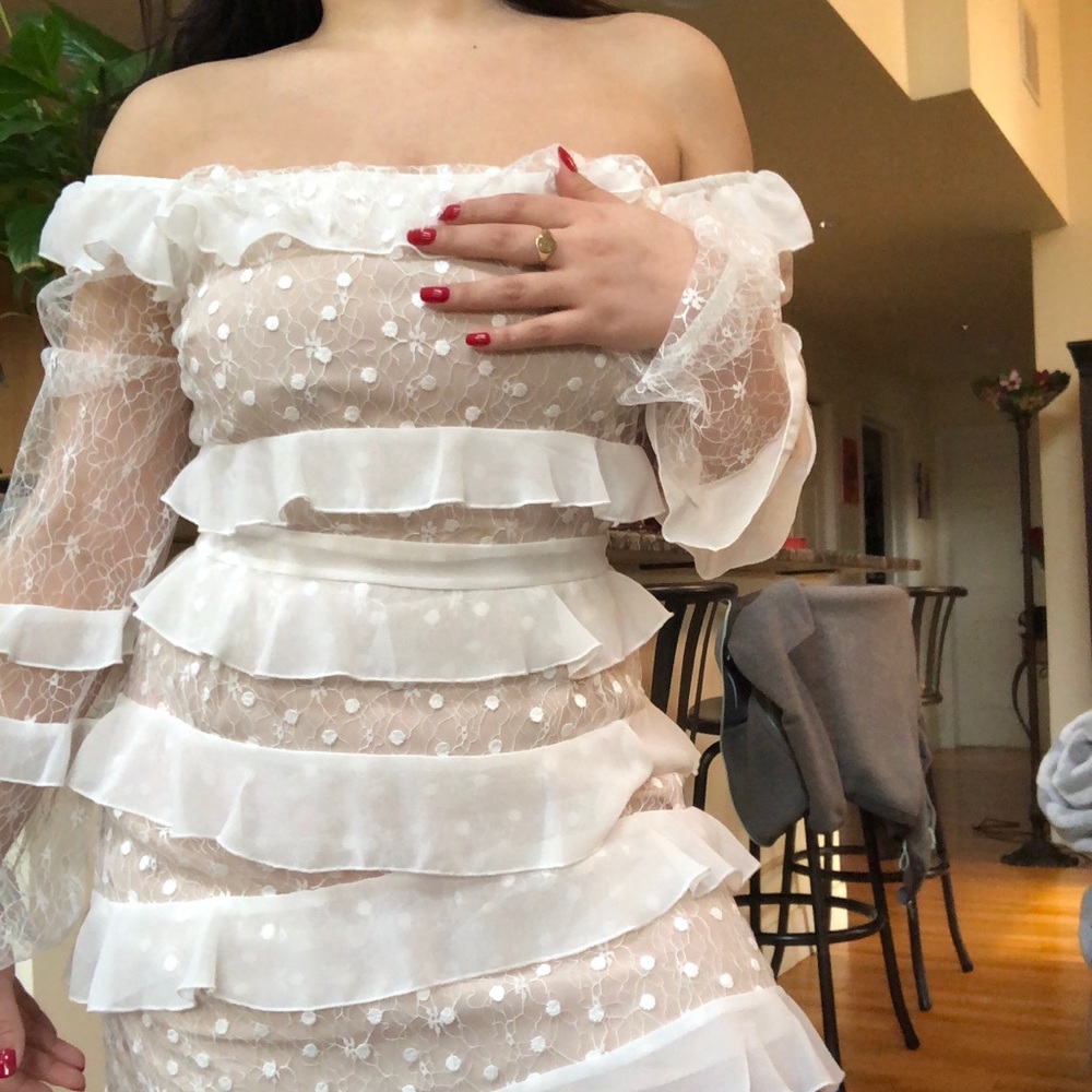 Beautiful White Ruffle Sheer Lace Dress